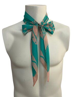 Sacha Teal & Blush Skinny Silk Scarf 62 x 7.5 Long Narrow Neck Scarf Chic Accent